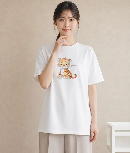 Tシャツ レディース 茶トラ 茶猫 猫 ねこ イラスト ポップ ラフ レイヤード 白T YMAZO