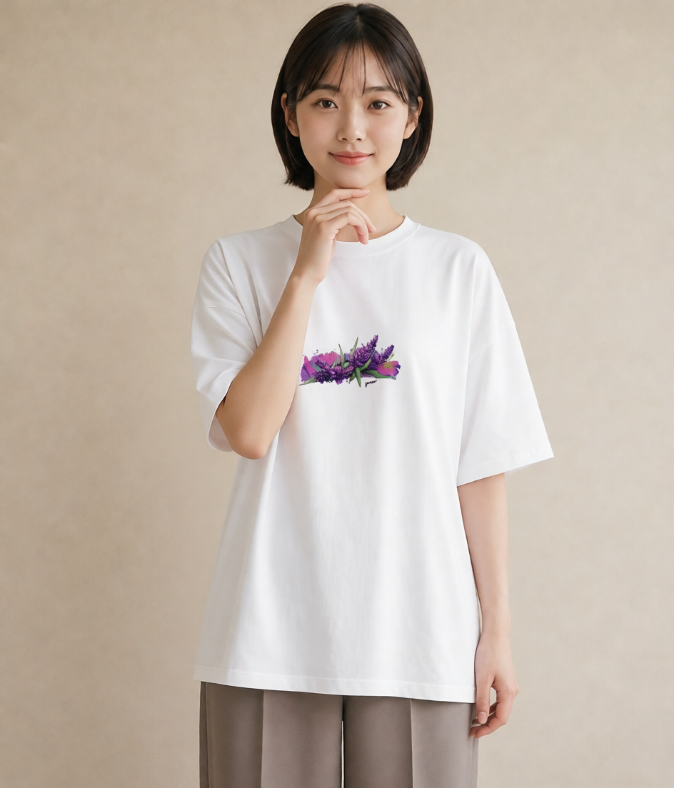 グラフィックTシャツ レディース ラベンダー 花 花柄 イラスト ヴィンテージ風 デート 帰省 白T