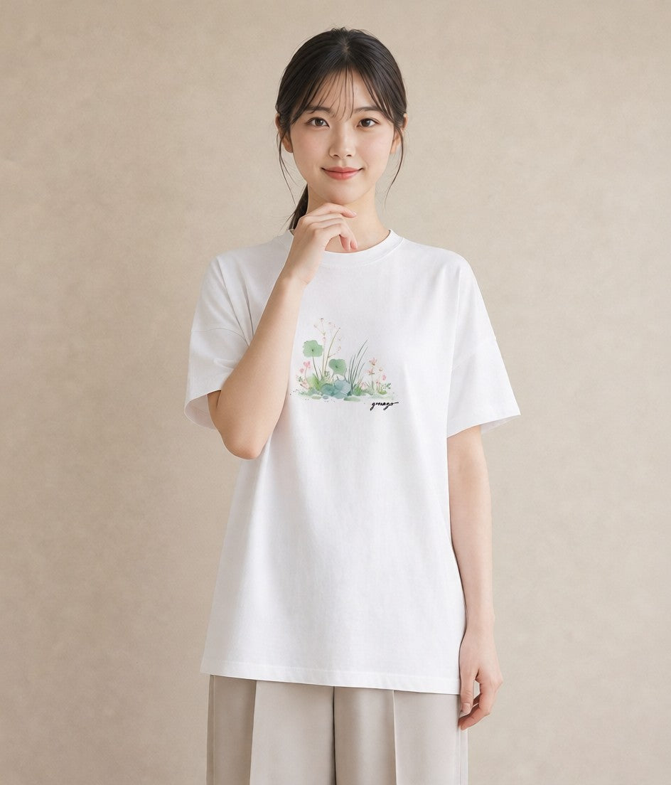 Tシャツ レディース 芝生 植物 ボタニカル イラスト 休日コーデ ホワイトデー 春服 白T YMAZO