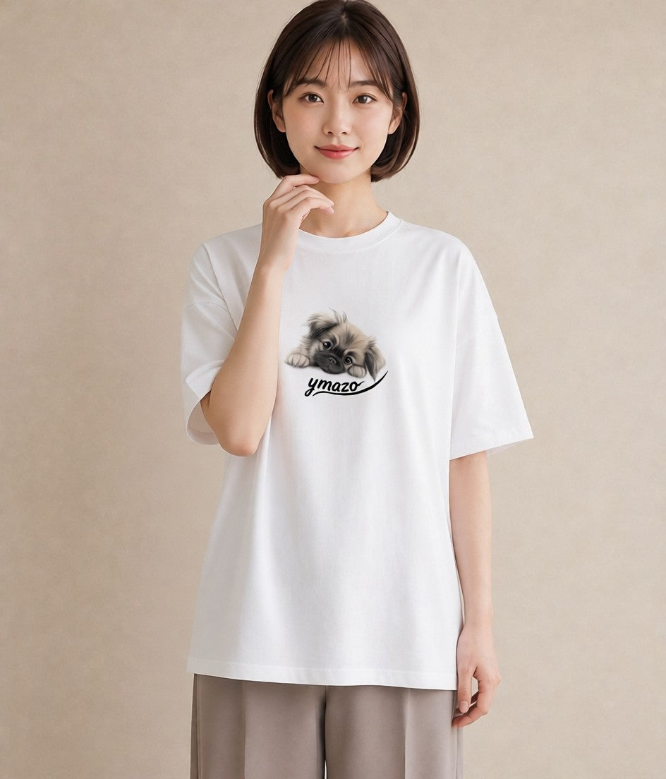 半袖Tシャツ レディース 狆 犬 いぬ イラスト 旅行コーデ お出かけ 普段着 白T YMAZO