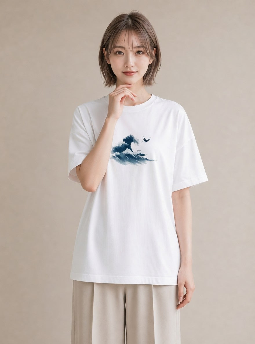 デザインTシャツ レディース 波 星空 宇宙 イラスト ヴィンテージ風 ギフト 母の日 白T YMAZO