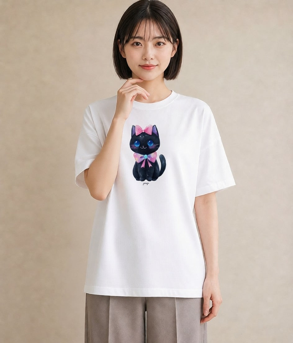 プリントTシャツ レディース 黒猫 猫 ねこ イラスト 線画 公園 ママ 白T YMAZO