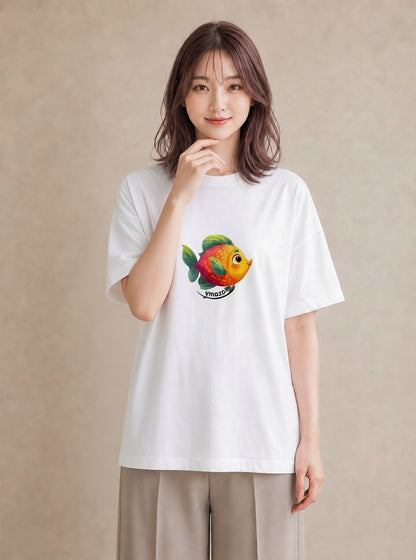 Tシャツ レディース メダカ ペット 動物 イラスト 線画 買い物 夏コーデ 白T YMAZO