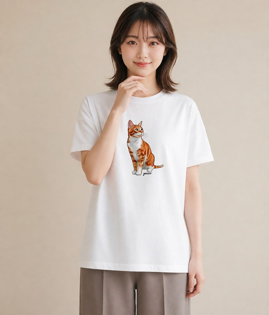 半袖Tシャツ レディース 猫 ねこ イラスト 抜け感 誕生日プレゼント 綿100 白T YMAZO