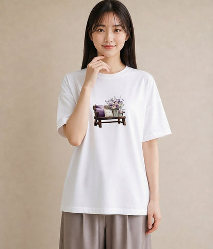 Tシャツ レディース 雨上がりのベンチ ベンチ ナチュラル アンティーク イラスト ミニマル 自分用 ルームウェア 白T YMAZO