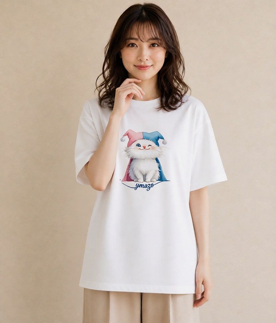 プリントTシャツ レディース マンチカン 猫 ねこ イラスト カジュアル ラフ レイヤード 白T YMAZO