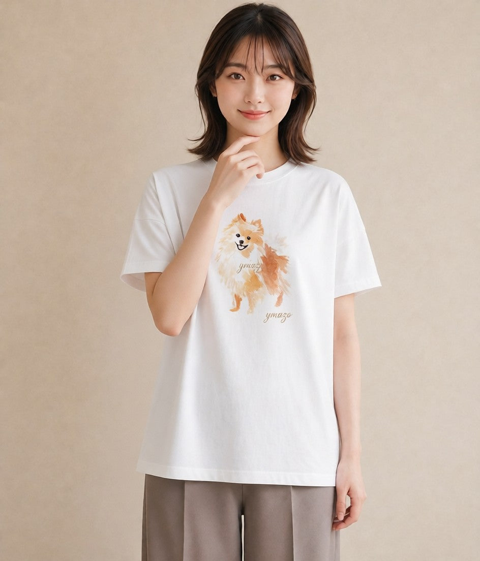 グラフィックTシャツ レディース ポメラニアン ポメ 犬 いぬ イラスト 韓国風 女性向けギフト 散歩 白T YMAZO