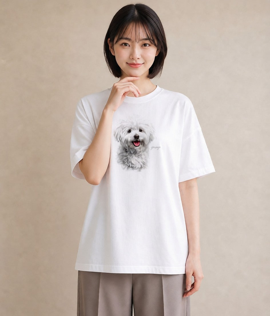 半袖Tシャツ レディース ビションフリーゼ 犬 いぬ イラスト ニュアンス 公園 ママ 白T YMAZO