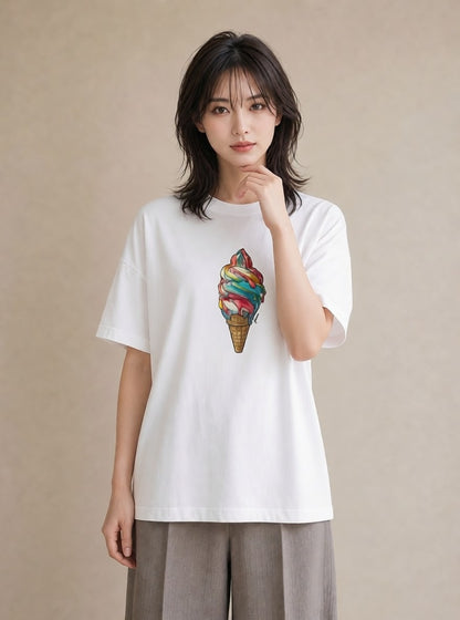 半袖Tシャツ レディース ソフトクリーム 食べ物 フード イラスト フェミニン ラフ レイヤード 白T YMAZO