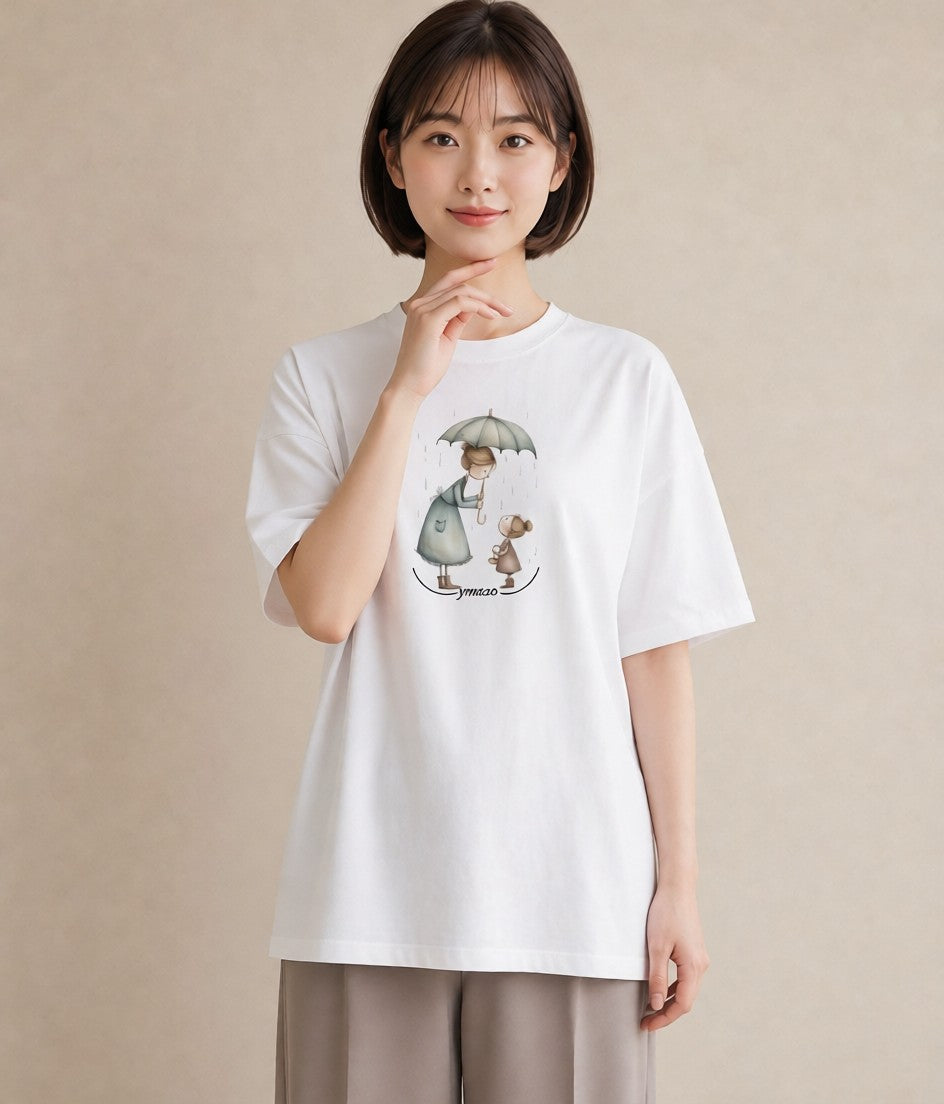 プリントTシャツ レディース 傘 水たまり 雨 ナチュラル アンティーク イラスト カフェコーデ ルームウェア ギフト 白T YMAZO