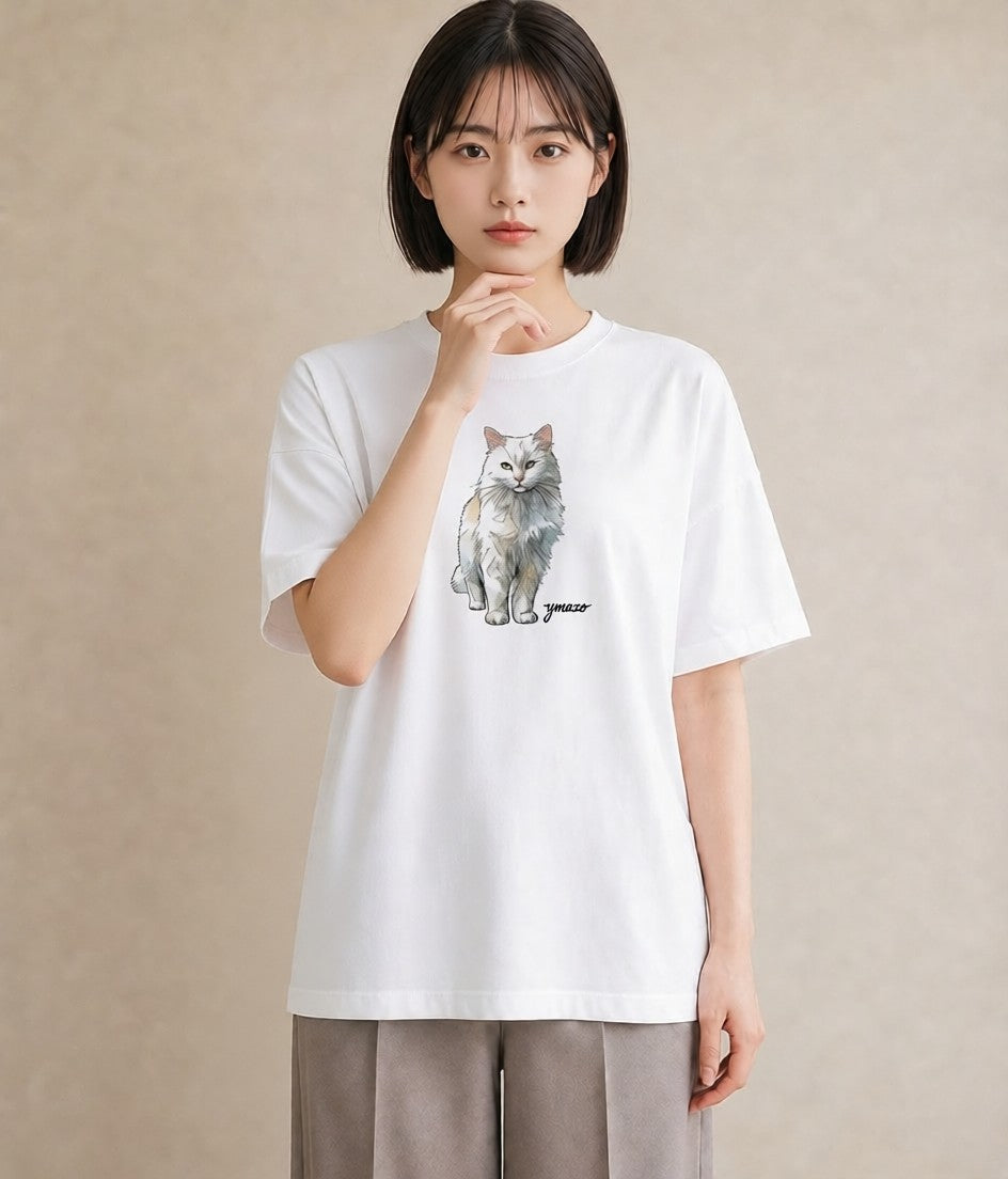 Tシャツ レディース しっぽ 猫 ねこ イラスト 北欧風 夏コーデ 通学 白T YMAZO