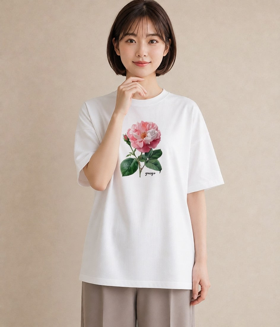 半袖Tシャツ レディース バラ 薔薇 ローズ 花 花柄 イラスト ボタニカル カフェ服 クリスマス 白T YMAZO