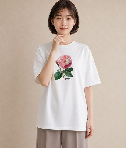 半袖Tシャツ レディース バラ 薔薇 ローズ 花 花柄 イラスト ボタニカル カフェ服 クリスマス 白T YMAZO