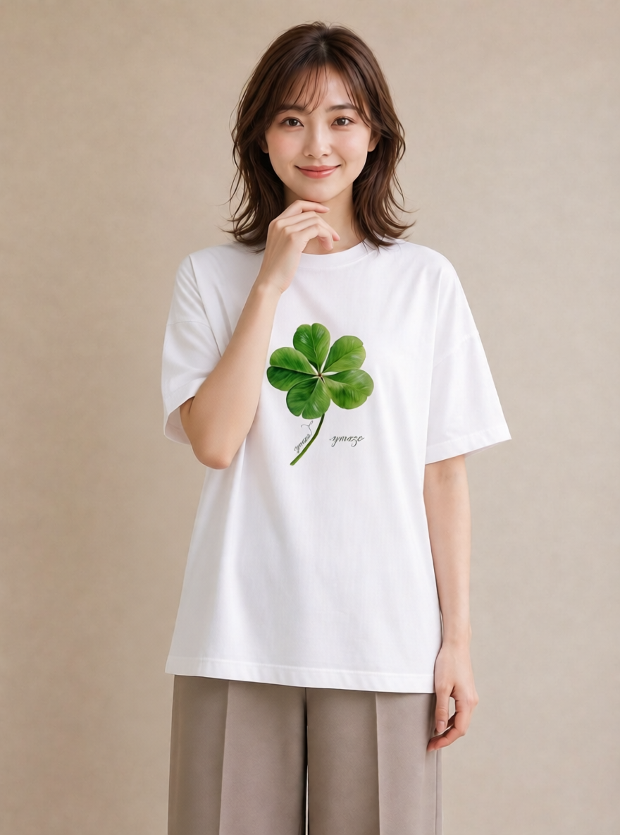 プリントTシャツ レディース クローバー 四つ葉 花 花柄 イラスト 上品 綿100 デート 白T YMAZO