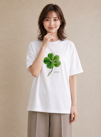 プリントTシャツ レディース クローバー 四つ葉 花 花柄 イラスト 上品 綿100 デート 白T YMAZO