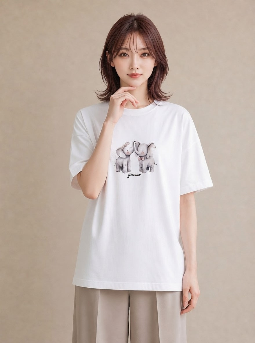 プリントTシャツ レディース ぞう 動物 アニマル イラスト ゆるかわ カフェ巡り 女子会 白T YMAZO