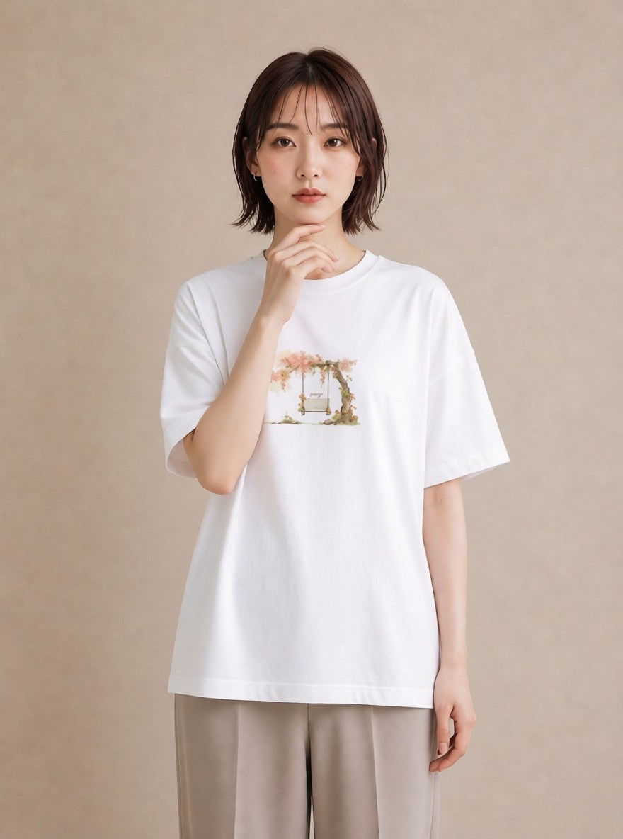 グラフィックTシャツ レディース 雨上がりのベンチ ベンチ ナチュラル アンティーク イラスト ラフカジュアル 秋コーデ おしゃれギフト 白T YMAZO