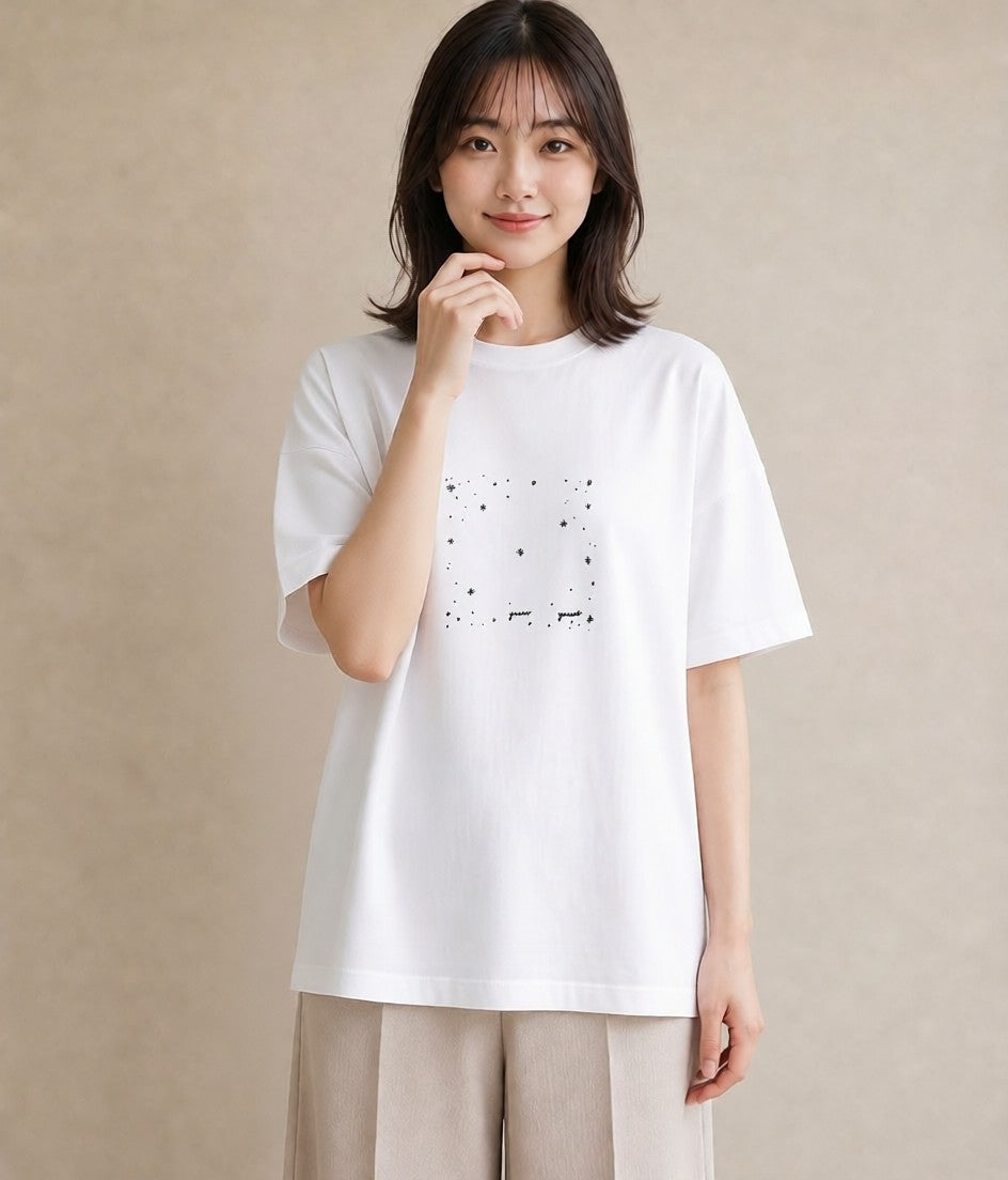 デザインTシャツ レディース 月と星 星空 ムーン イラスト きれいめ 通勤 在宅 白T YMAZO