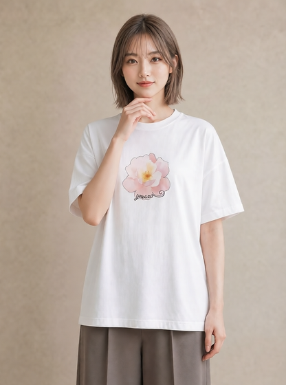 Tシャツ レディース 牡丹 花 花柄 イラスト 旅行コーデ 公園 ママ 白T