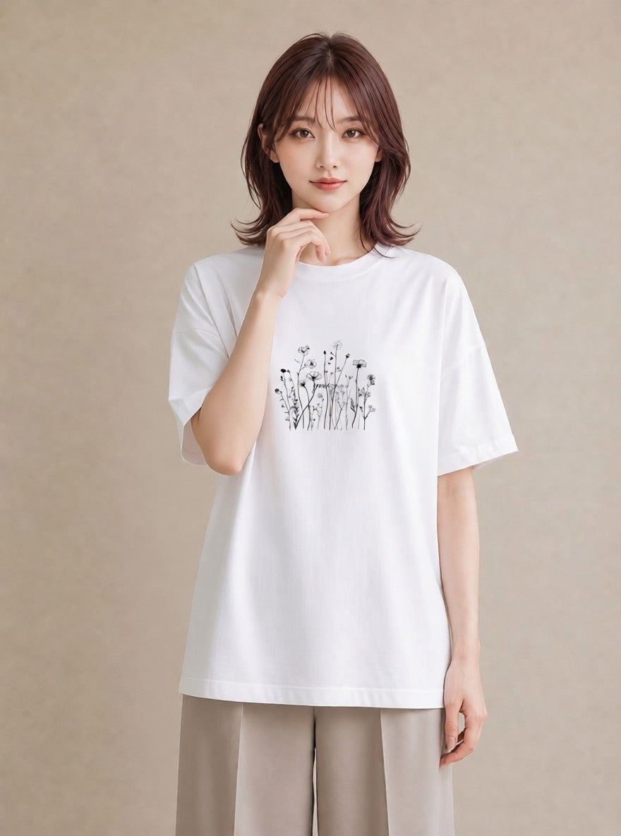 プリントTシャツ レディース 小花 花 フラワー イラスト ラフ 普段着 週末コーデ 白T YMAZO