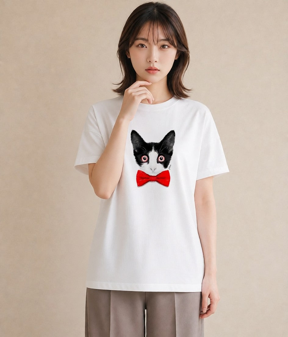 デザインTシャツ レディース ハチワレ 白黒猫 猫 ねこ イラスト シック 送別ギフト 通勤 白T YMAZO