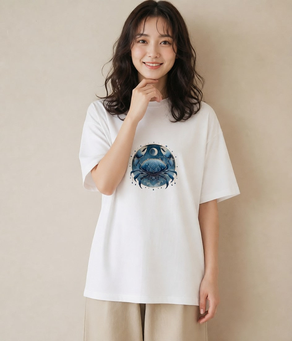 グラフィックTシャツ レディース 蟹座 星空 宇宙 イラスト モード 綿100 デート 白T YMAZO