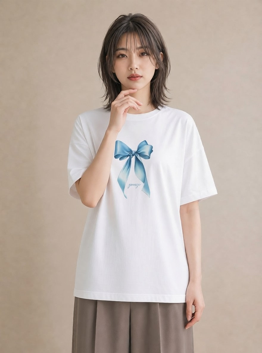 グラフィックTシャツ レディース リボン 蝶結び ナチュラル アンティーク イラスト ゆるかわ 女性 旅行用 白T YMAZO