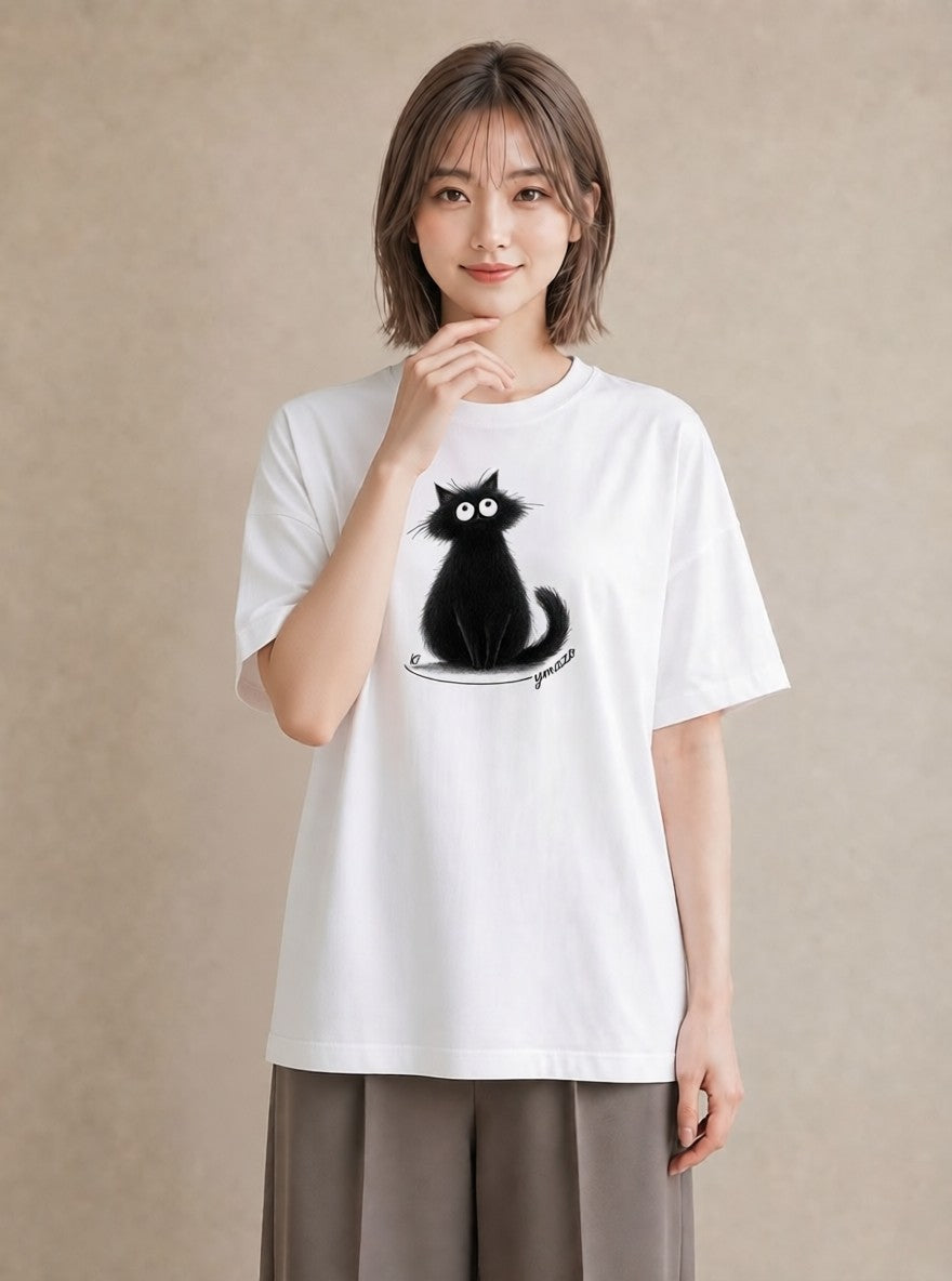デザインTシャツ レディース 黒猫 猫 ねこ イラスト きれいめカジュアル 自分用 ルームウェア 白T YMAZO
