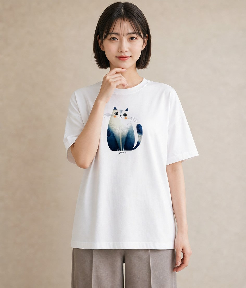 グラフィックTシャツ レディース スコティッシュフォールド 猫 ねこ イラスト ボタニカル 綿100 デート 白T YMAZO