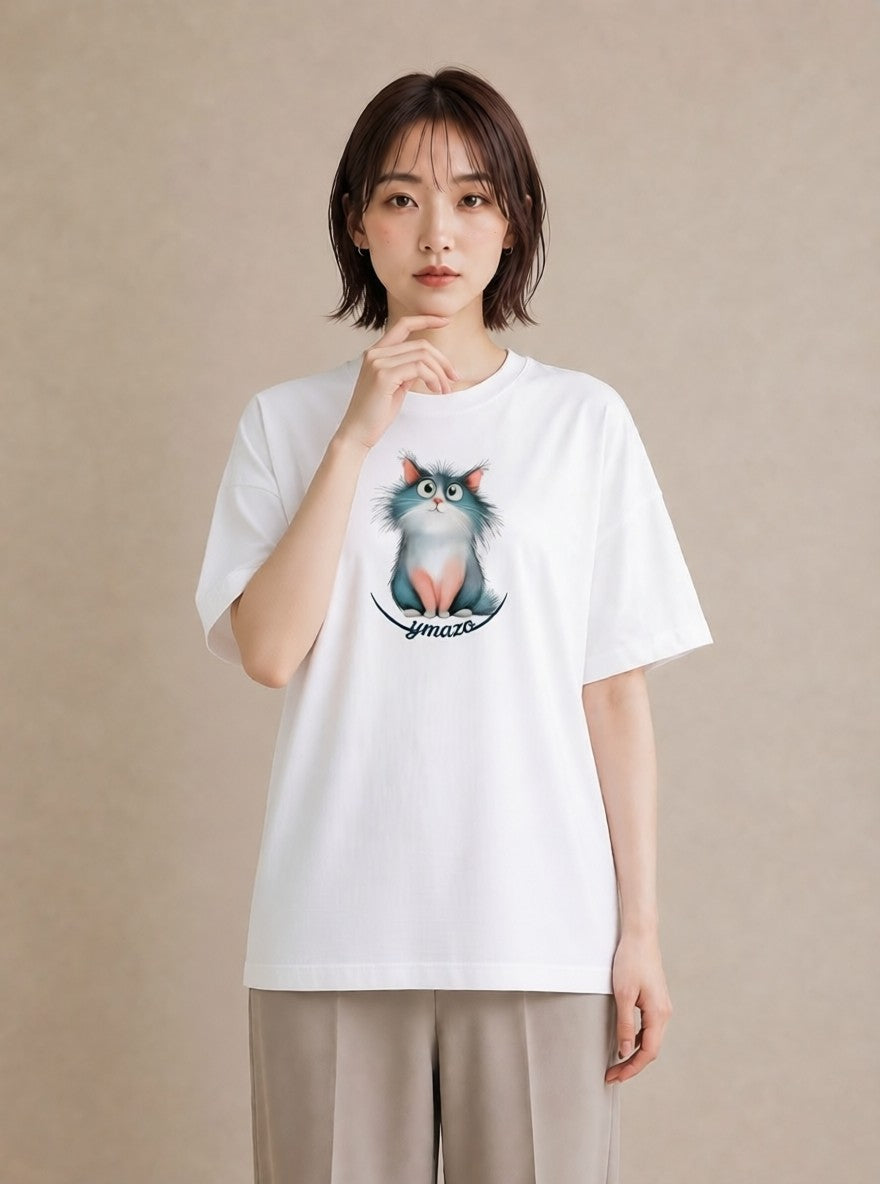 半袖Tシャツ レディース ねこ 猫 ネコ イラスト 韓国風 部屋着 女性向けギフト 白T YMAZO