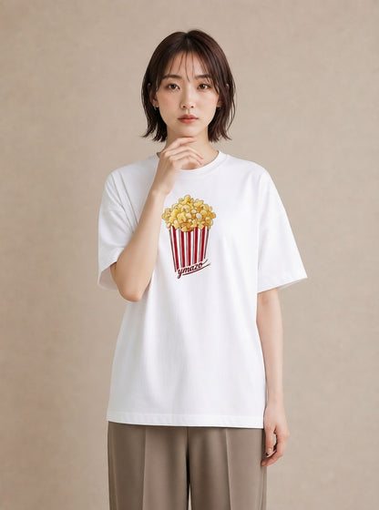 Tシャツ レディース ポップコーン 食べ物 フード イラスト 抜け感 ギフト 母の日 白T YMAZO