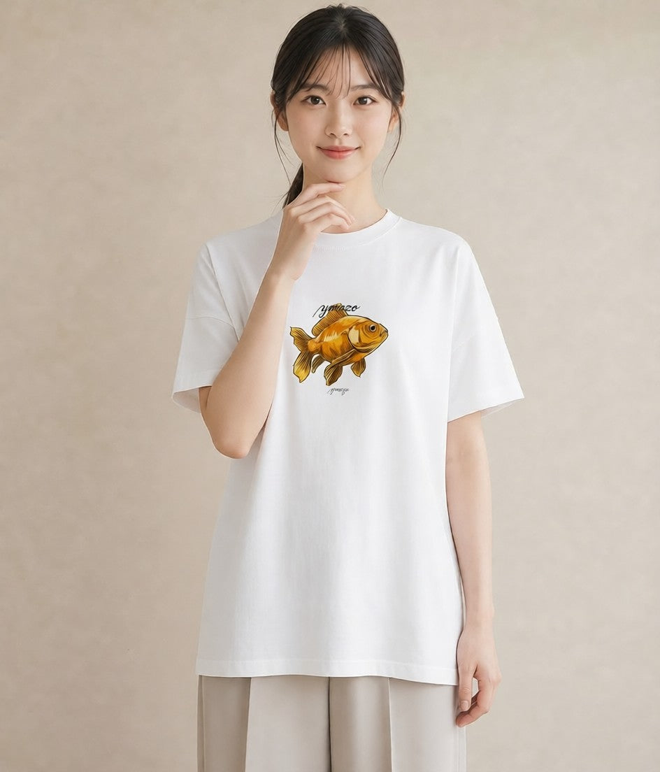Tシャツ レディース 金魚 ペット 動物 イラスト 休日コーデ ミセス 春コーデ 白T YMAZO
