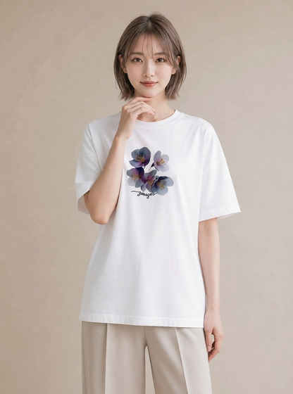 Tシャツ レディース スミレ 花 花柄 イラスト 韓国風 ビーチ デイリーウェア 白T