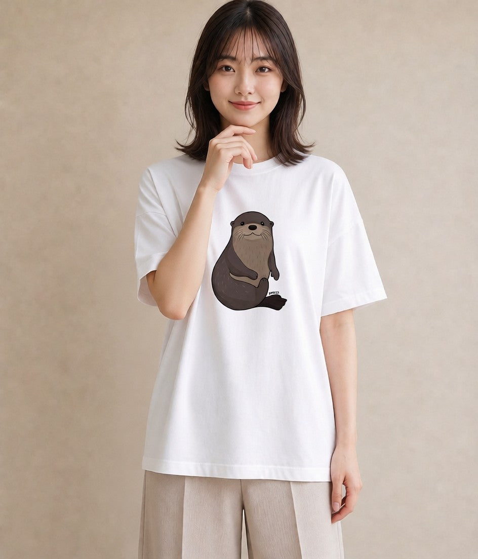 デザインTシャツ レディース ラッコ 動物 アニマル イラスト シンプル 海 カフェ巡り 白T YMAZO