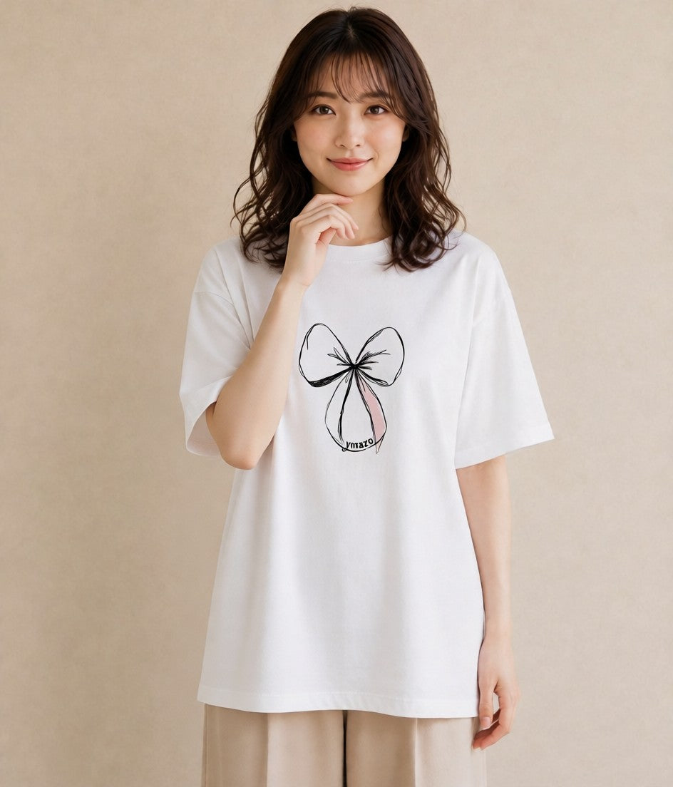 デザインTシャツ レディース リボン ボウ りぼん イラスト ゆるコーデ ビーチ デイリーウェア 白T YMAZO