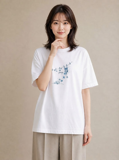 グラフィックTシャツ レディース 洗濯物 風 ナチュラル アンティーク イラスト こなれ感 夏コーデ 通学 白T YMAZO