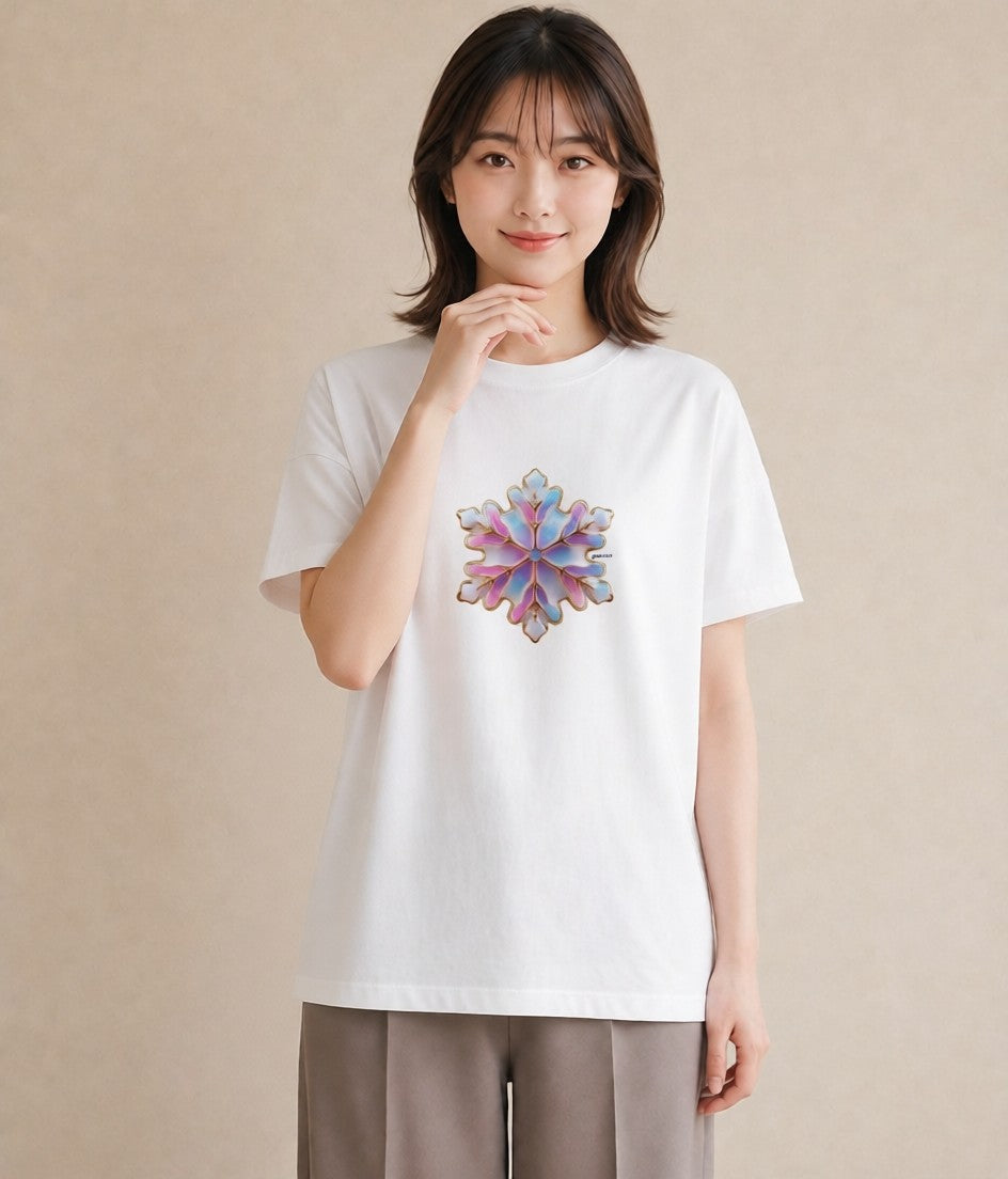 グラフィックTシャツ レディース 雪の結晶 星空 宇宙 イラスト 線画 20代 カジュアルコーデ 白T YMAZO