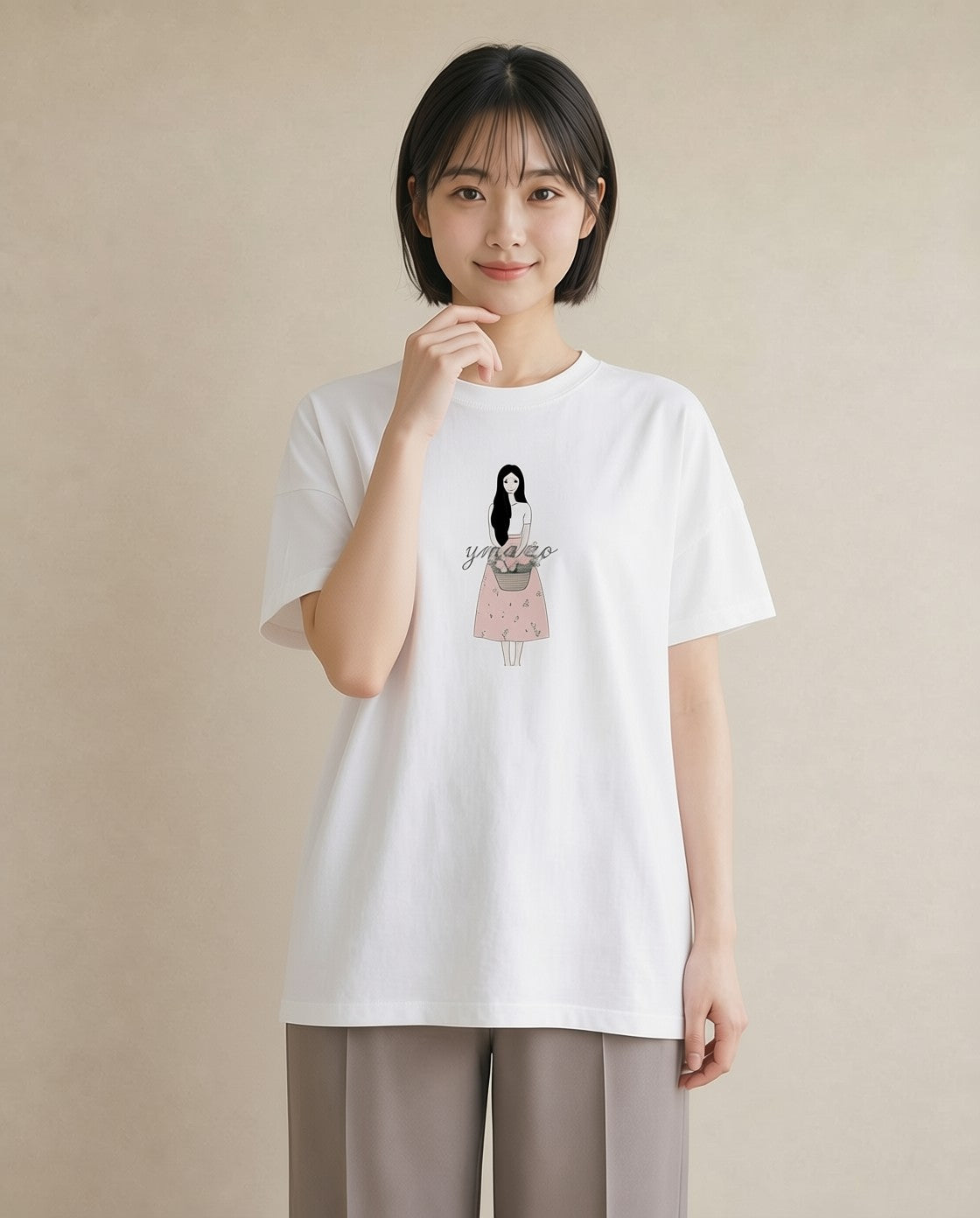 グラフィックTシャツ レディース 自転車のかご 自転車 花かご ナチュラル アンティーク イラスト シック 敬老の日 ホワイトデー 白T YMAZO