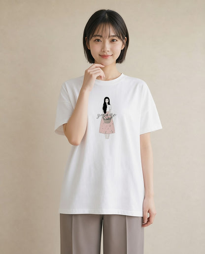 グラフィックTシャツ レディース 自転車のかご 自転車 花かご ナチュラル アンティーク イラスト シック 敬老の日 ホワイトデー 白T YMAZO