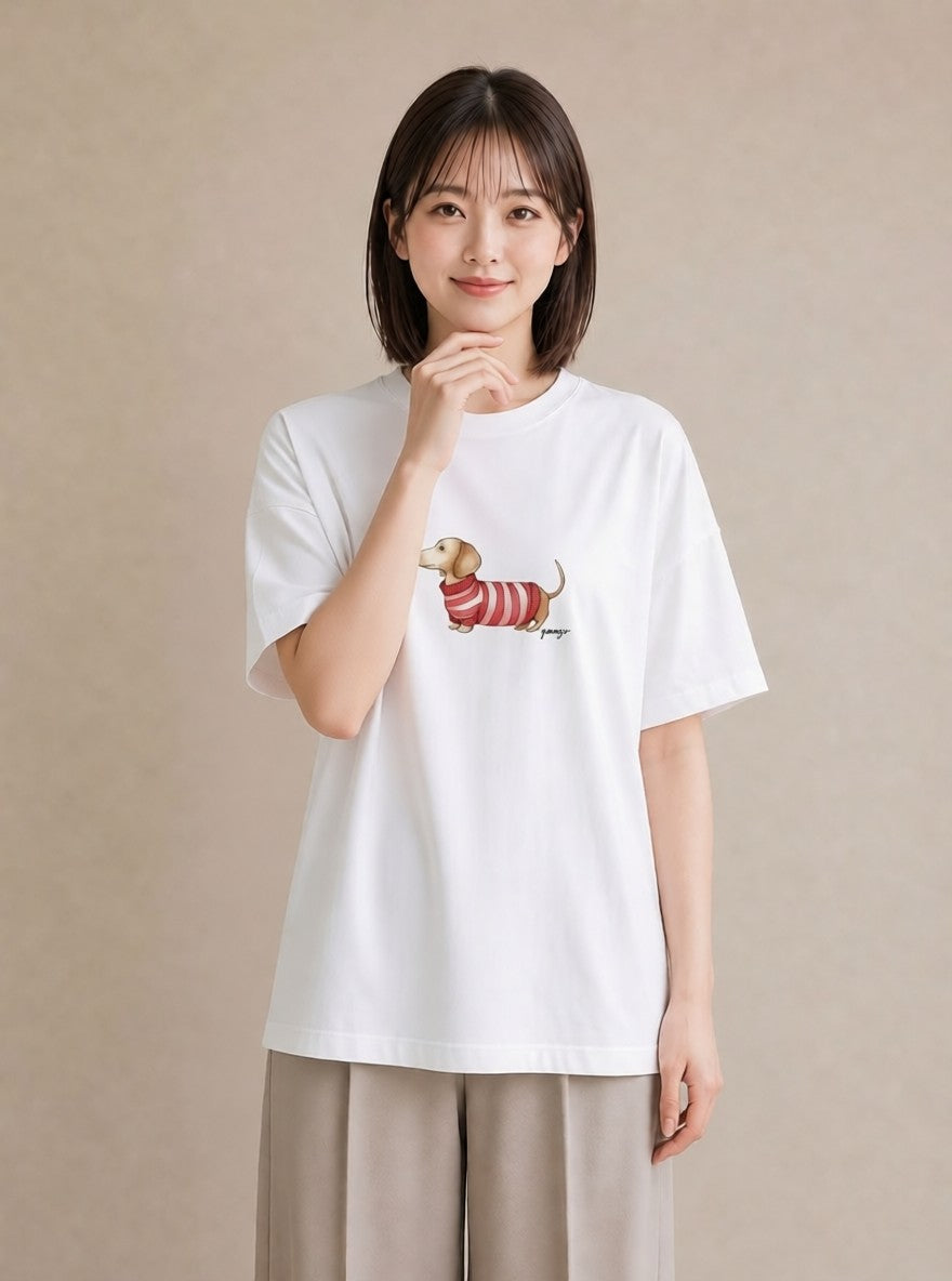 Tシャツ レディース ミニチュアダックスフンド 犬 いぬ イラスト ミニマル 姉妹 送別ギフト 白T YMAZO