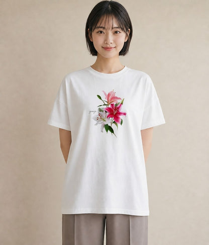 半袖Tシャツ レディース ゆり 百合 花 花柄 イラスト 韓国風 部屋着 女性向けギフト 白T