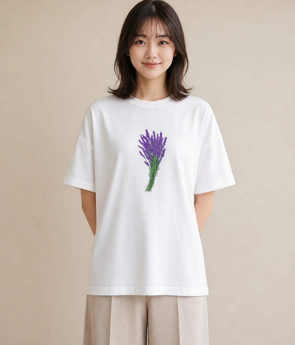 デザインTシャツ レディース ラベンダー 花 花柄 イラスト 個性的 カフェ服 クリスマス 白T YMAZO