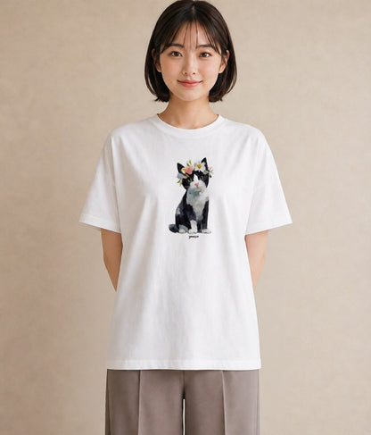 デザインTシャツ レディース 靴下猫 猫 ねこ イラスト ゆるコーデ 通勤 在宅 白T YMAZO