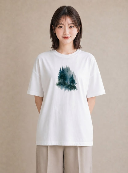 グラフィックTシャツ レディース 青の水彩 風景 ブルー ナチュラル アンティーク イラスト アート風 旅行用 海 白T YMAZO