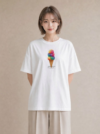 グラフィックTシャツ レディース ソフトクリーム 食べ物 フード イラスト 線画 普段着 週末コーデ 白T YMAZO