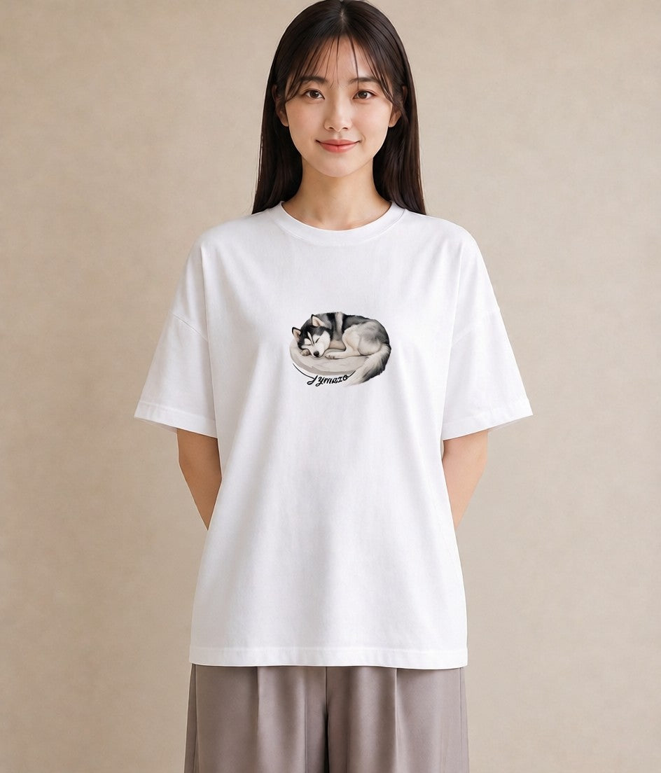 プリントTシャツ レディース シベリアンハスキー 犬 いぬ イラスト 旅行コーデ 社会人 女性 白T YMAZO
