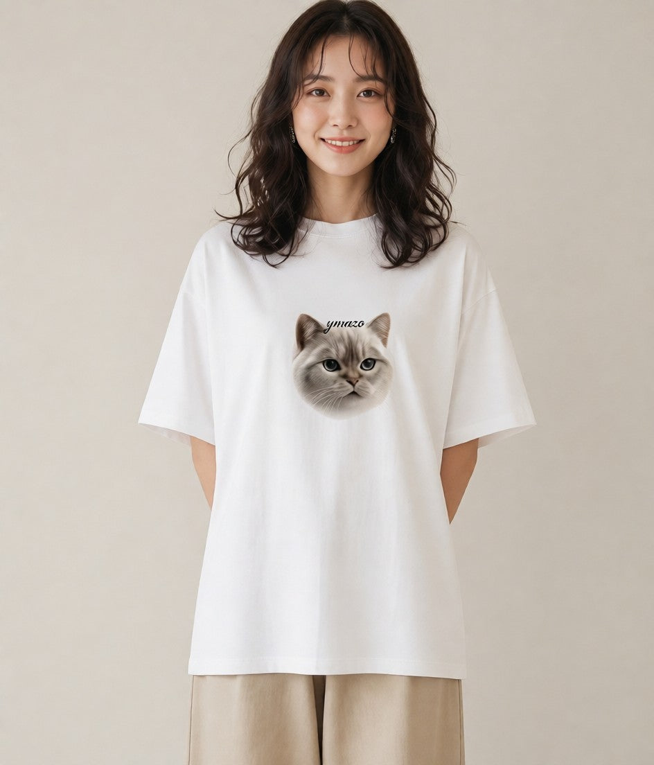 プリントTシャツ レディース シャム柄 猫 ねこ イラスト きれいめカジュアル 春服 ミセス 白T YMAZO