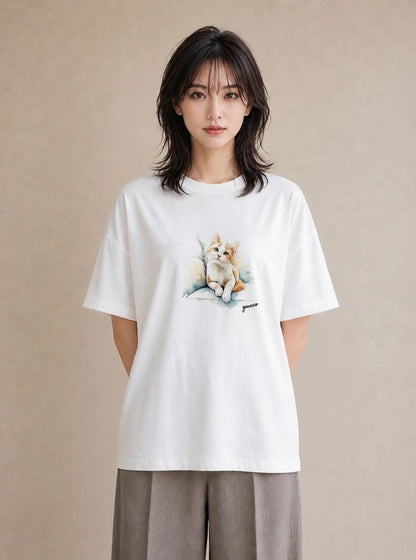 デザインTシャツ レディース サバトラ 猫 ねこ イラスト シック 母の日 ビーチ 白T YMAZO