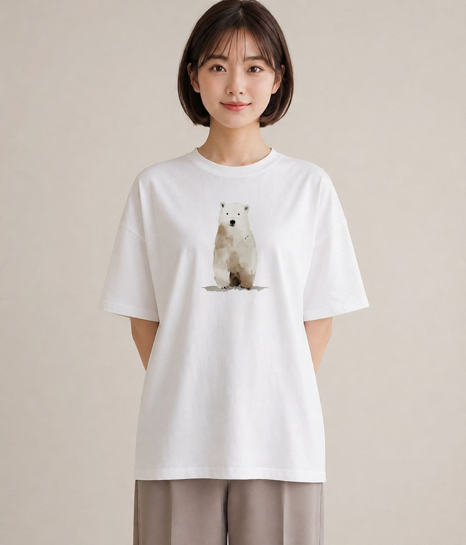 半袖Tシャツ レディース しろくま 白くま 動物 アニマル イラスト 普段使い ペアコーデ 秋コーデ 白T YMAZO