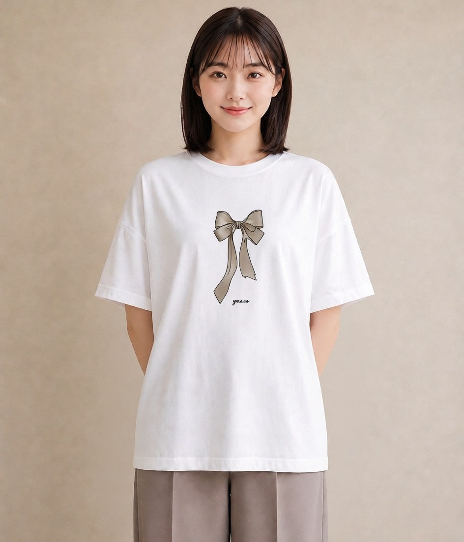 プリントTシャツ レディース リボン ボウ りぼん イラスト モード ホワイトデー 春服 白T YMAZO
